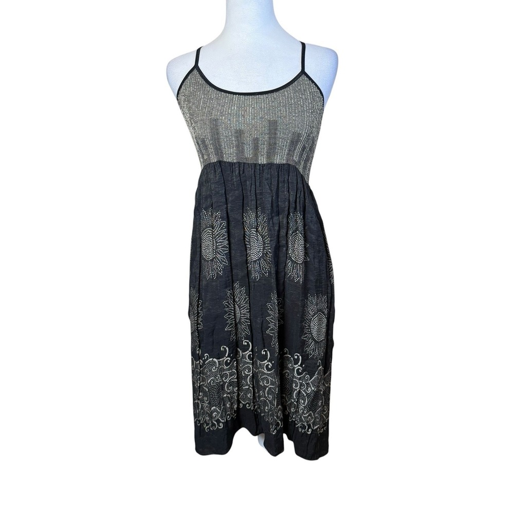 Max Studio Black Dress Small Sunflower Smocked Boho Chic Festival Artisan Hippie - Picture 2 of 10